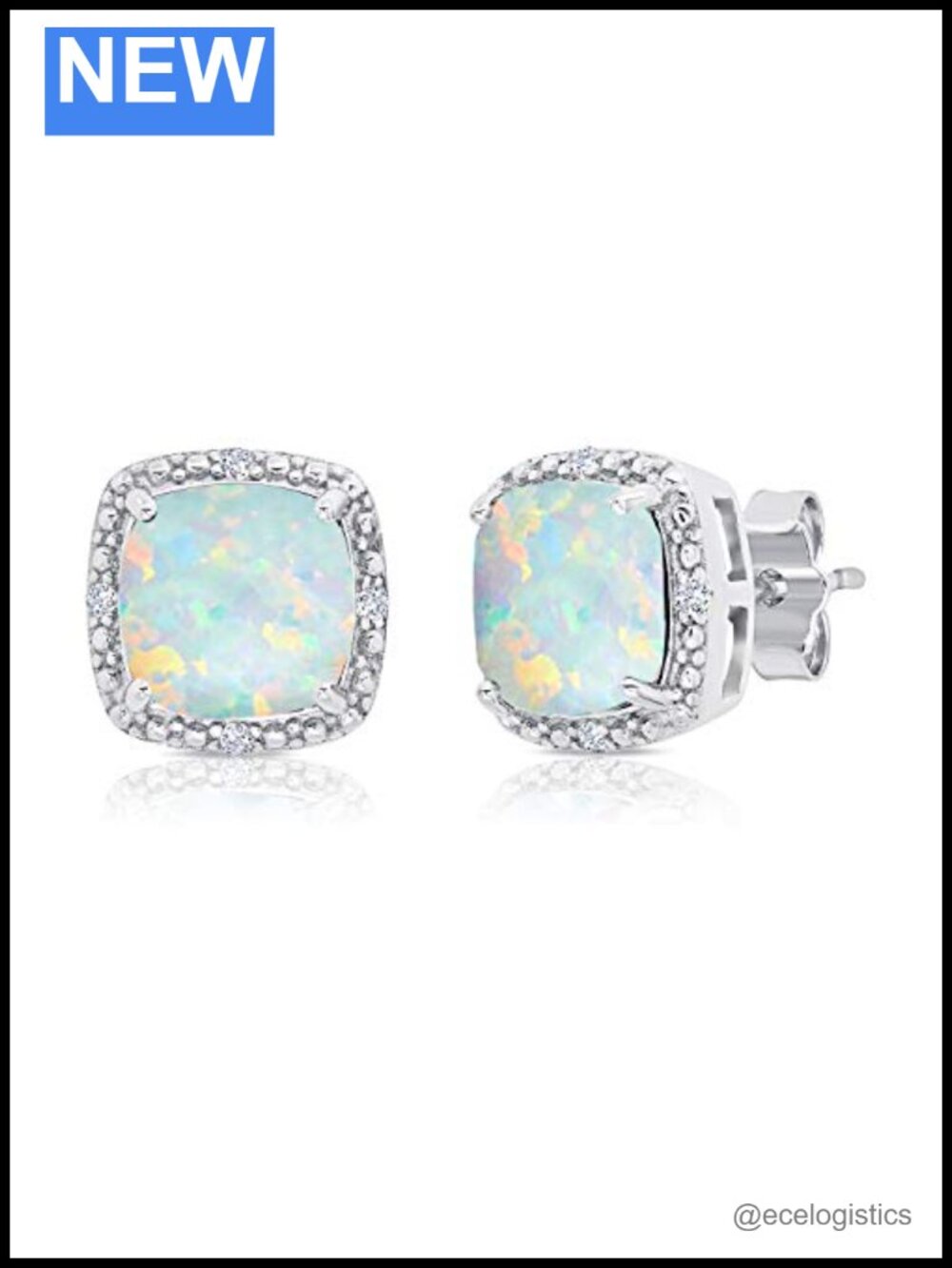 925 Sterling Silver 7mm Simulated Opal Diamond Accent Halo Stud Earrings